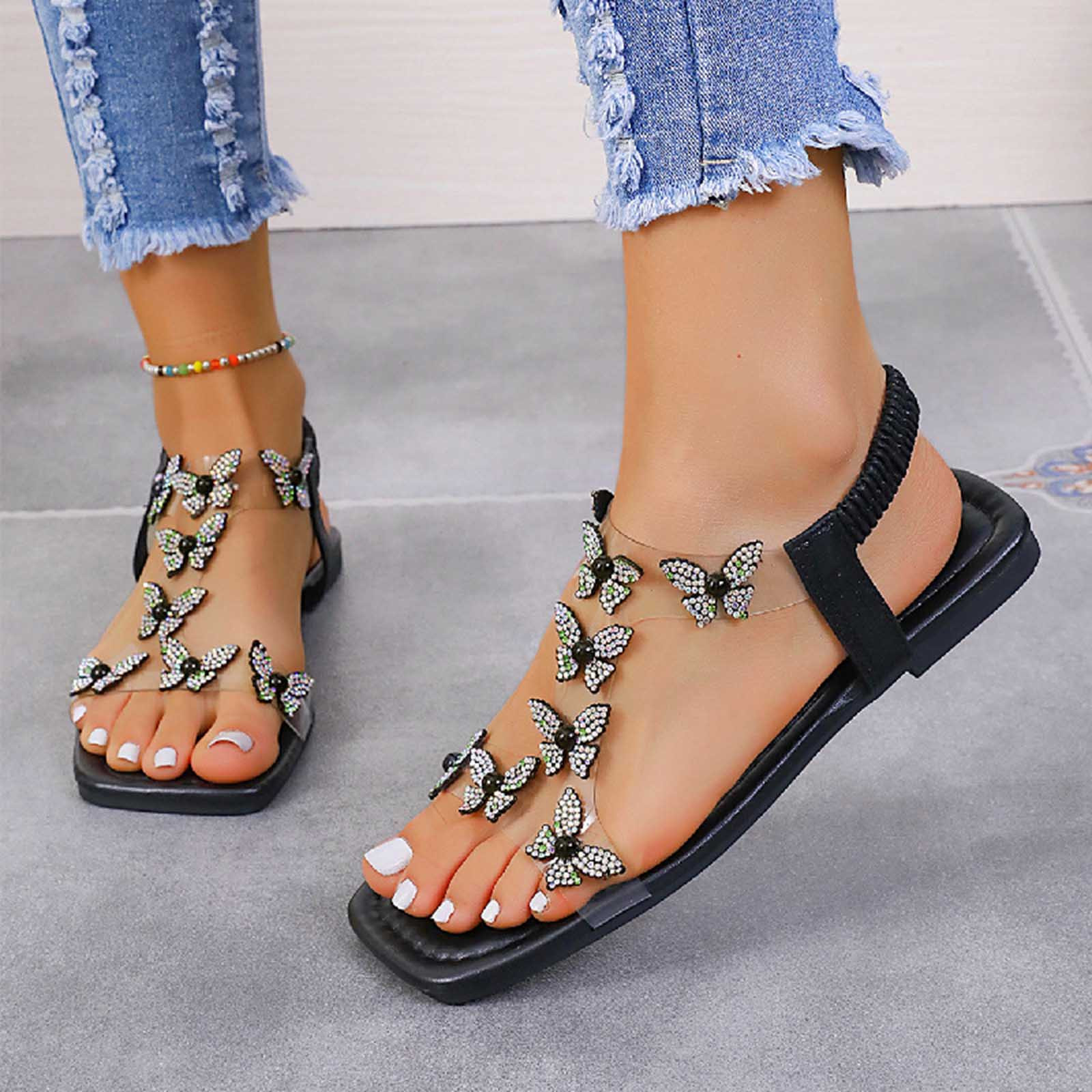 YODETEY Women Sandals Summer New Large Size Rhinestone Flat Transparent ...