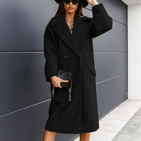 YODETEY Women Solid Lapel Woolen Button Up Pocketed Long Sleeve Breasted Trench Coat Long Outwear Black 4(S)