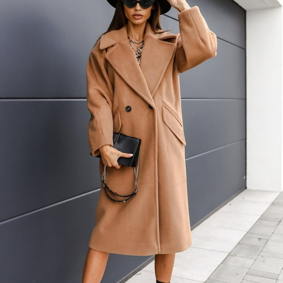 YODETEY Women Solid Lapel Woolen Button Up Pocketed Long Sleeve Breasted Trench Coat Long Outwear Khaki 6(M)