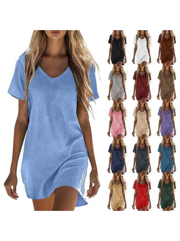 Women Summer Dresses V Neck, Women's Casual Cotton Linen Midi Shift Dress,Women's & Women's Plus Beige,Size S-5XL