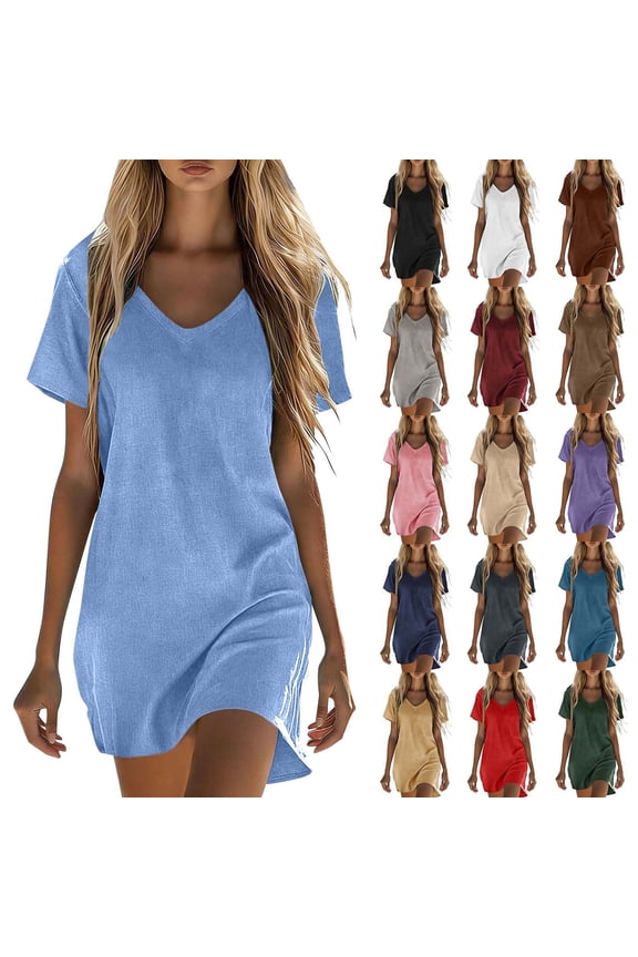 Women Summer Dresses V Neck, Women's Casual Cotton Linen Midi Shift Dress,Women's & Women's Plus Red,Size S-5XL