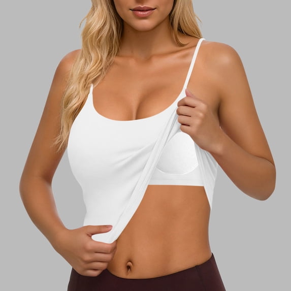 YODETEY Women’s Built-in Bra Tank Tops,Women’s Built-in Bra Spaghetti Strap Camisole Tank Top ,White,Size XXL