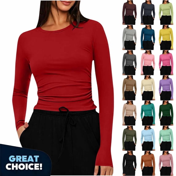 YODETEY Women’s Crew Neck Long Sleeve Fitted Crop Top, Stretch Everyday Basic Crewneck Tee,Size S-2XL
