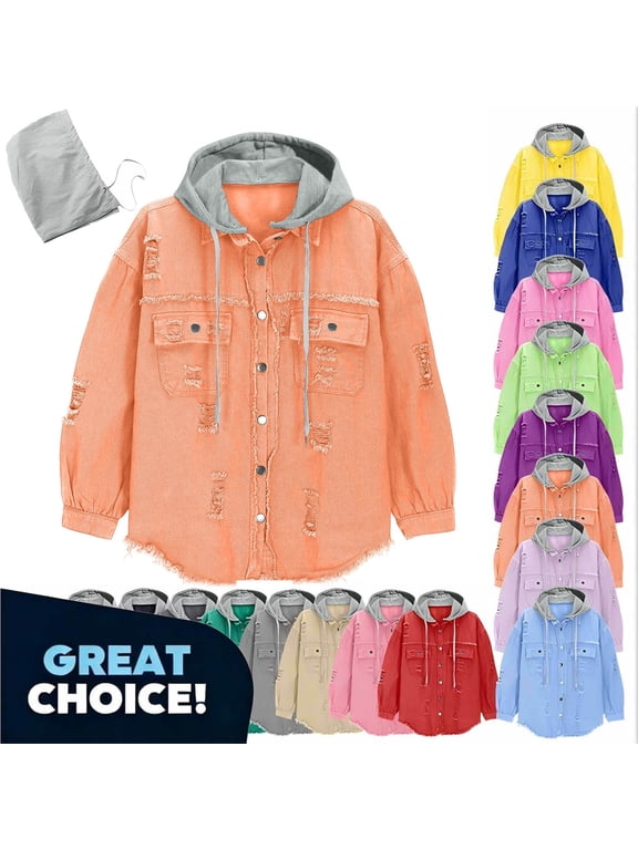 YODETEY Women’s Denim Jacket with Hood, Oversized Midweight Button Down Outwear Jacket Shacket, Women's Plus, Size S-2XL