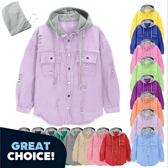 YODETEY Women’s Denim Jacket with Hood, Oversized Midweight Button Down Outwear Jacket Shacket, Women's Plus, Size S-2XL