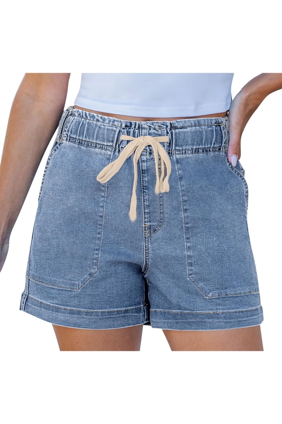 Women’s Drawstring Denim Shorts,Womens Elastic Waist Jeans Shorts with Drawstring, 5"Inseam Sky Blue,Size S-2XL