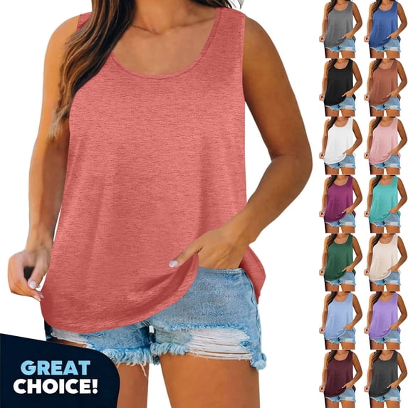 YODETEY Women’s Flowy Round Neck Tank Tops,Womens Everyday Casual Sleeveless Tunic Tops for Summer , Women's Plus Black,Size XXL