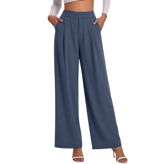 YODETEY Women’s High Waisted Pleated Wide Leg Dress Pants, Casual Dress Pants with Pockets,Women’s Blue,Size S-2XL
