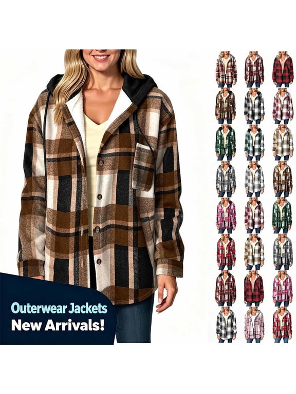 YODETEY Women’s Hooded Sherpa Plaid Shacket with Pocket, Oversized Casual Plaid Outwear Shacket for Women,Size S-2XL