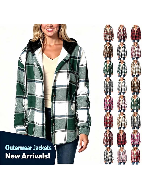 YODETEY Women’s Hooded Sherpa Plaid Shacket with Pocket, Oversized Casual Plaid Outwear Shacket for Women,Size S-2XL