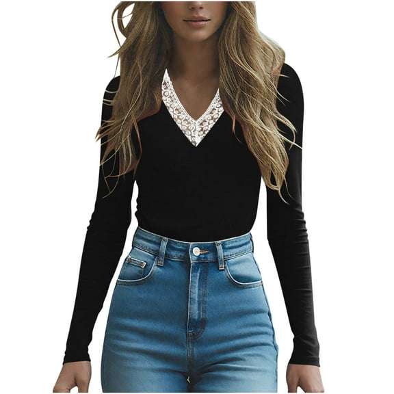 YODETEY Women’s Lace V-Neck Top, No Boundaries Long Sleeve Women Slim Casual Fitted Tees Basic Tops, Trendy Bodysuit for Women,#V Lace-Black,M