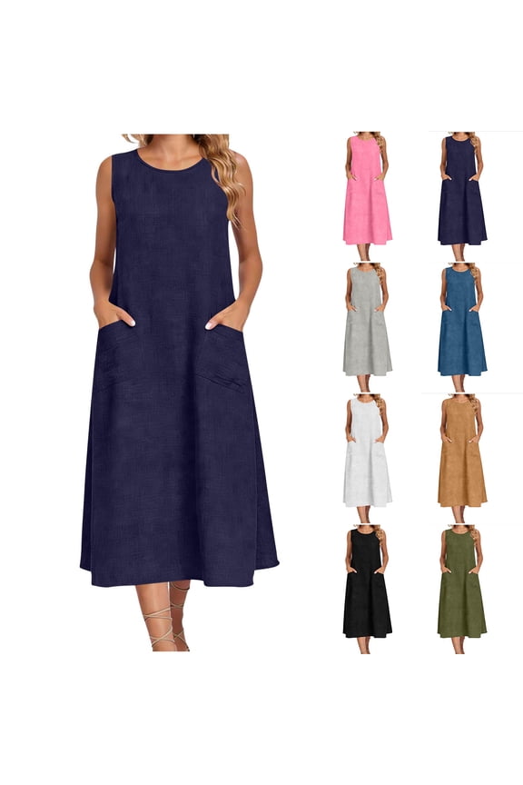 Women’s Linen Blend Sleeveless Pocket Midi Dress,Women's & Women's Plus Gray,Size S-2XL