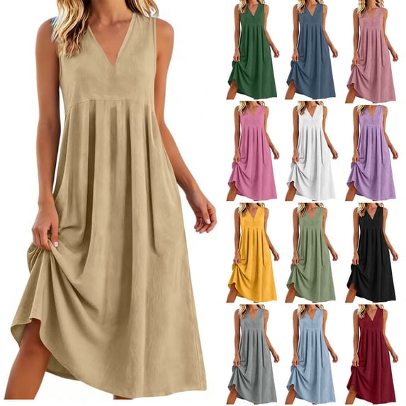 YODETEY Women’s Linen Blend V-Neck Sleeveless Maxi Dress, Women's Boho Dress,Women's & Women's Plus Gray,Size S-2XL