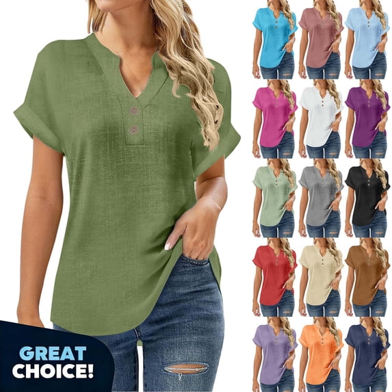 YODETEY Women’s Linen Short Sleeve Henley Top, Casual Everyday Tops for Summer, Women's Plus Orange,Size XXL