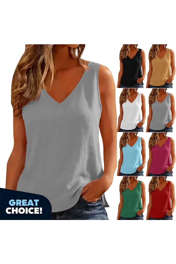 Women’s Linen V-Neck Tank Top ,Women Shirts Loose Fit Sleeveless Summer Tops , Women's Plus Hot Pink,Size M