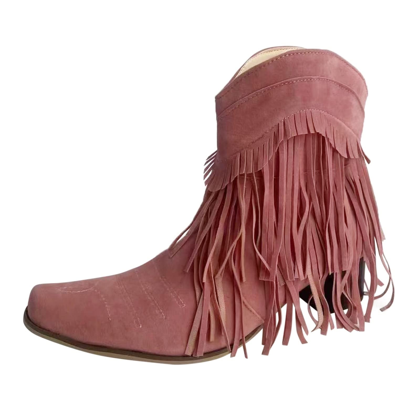 YODETEY Women's Middle Ankle Boots Clearance Vintage Cowboy Tassels Up