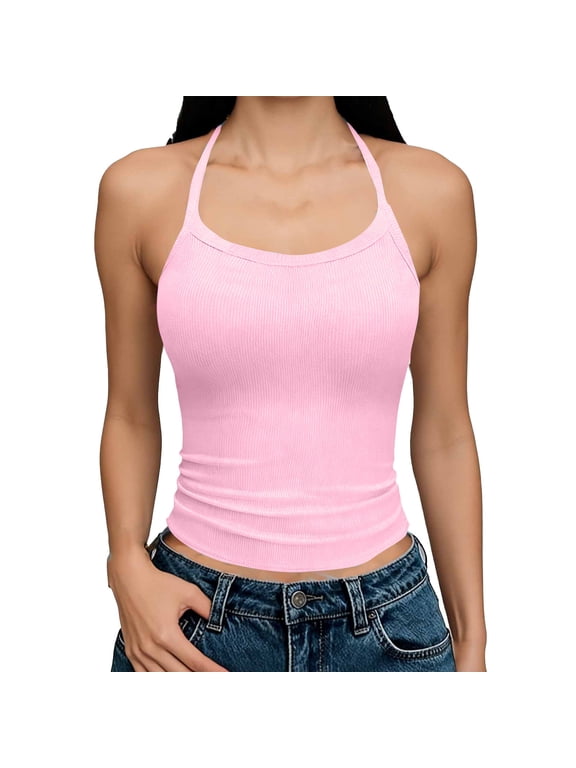 Women’s Ribbed Fitted Tank Tops with Sleeveless,Womens Halter Neck Camisoles,Pink,Size M