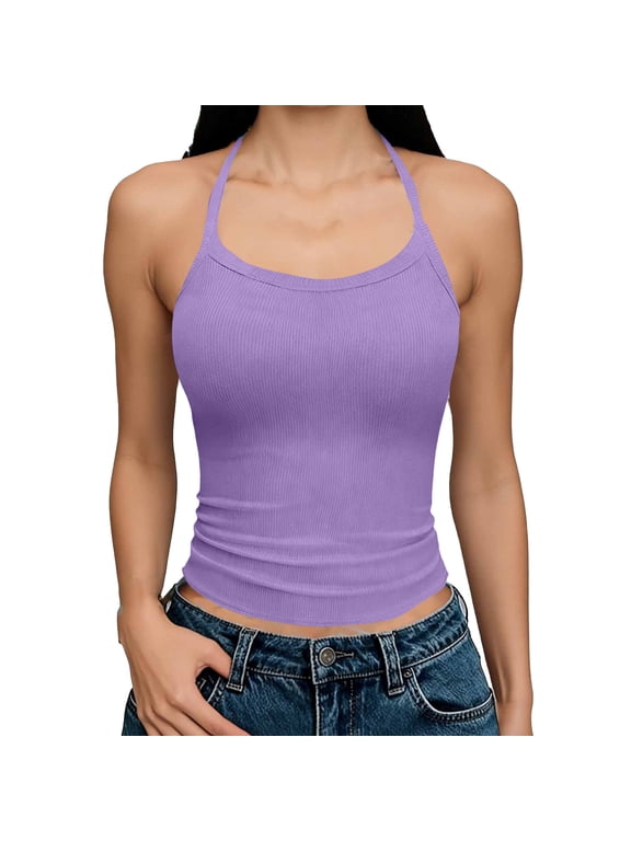 Women’s Ribbed Fitted Tank Tops with Sleeveless,Womens Halter Neck Camisoles,Purple,Size XL