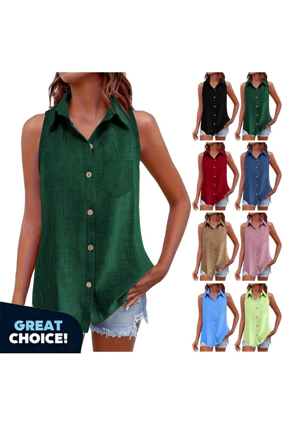 Women’s Sleeveless Linen Button Down Shirt,Women Summer Casual Curved Tank Tops, Women's Plus Blue,Size XXL