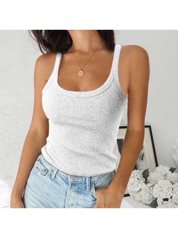 Women’s Sleeveless Ribbed Fitted Square Neck Tank Top, Women's Plus White,Size XS