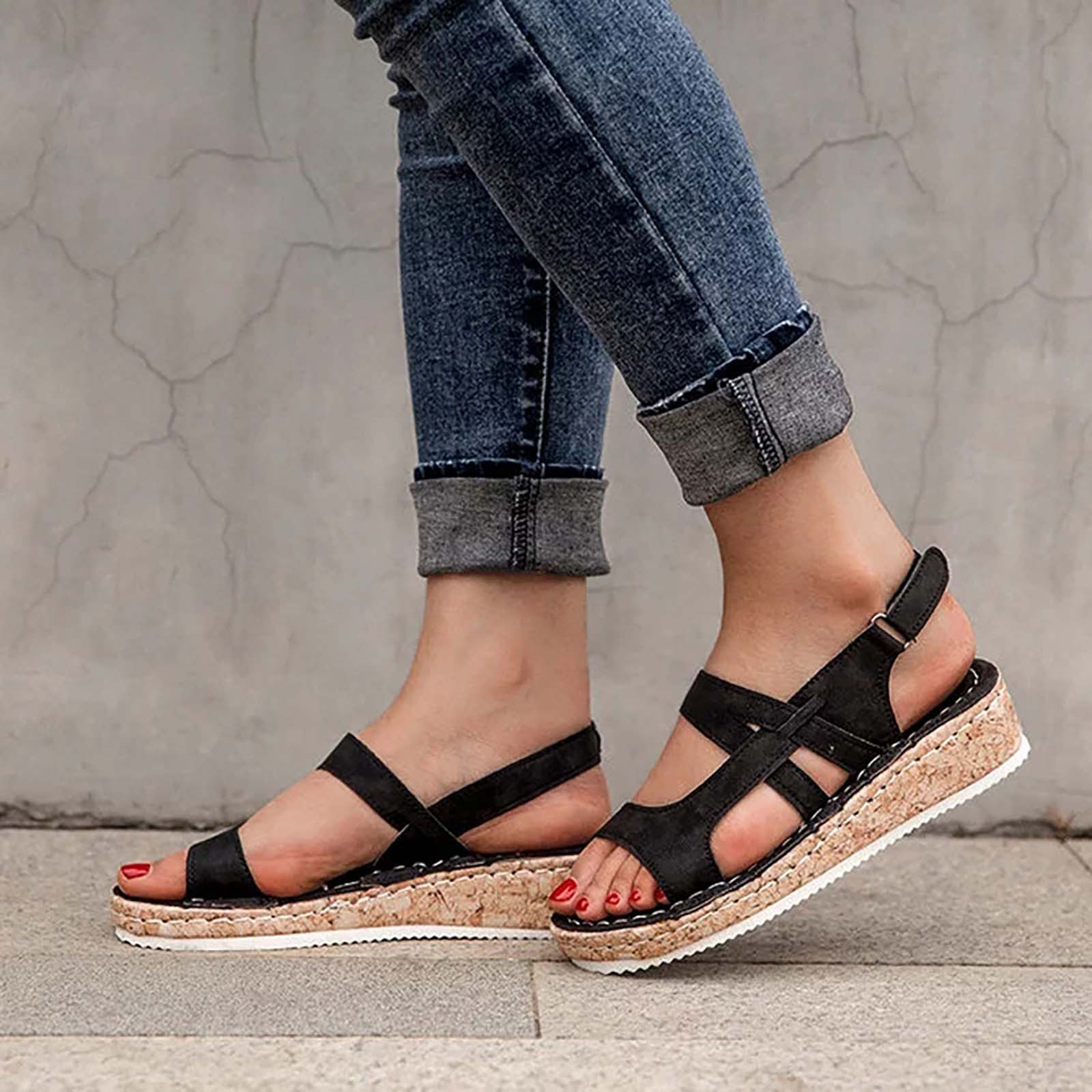 YODETEY Women's Slide Sandals Summer Flat Wedge Sandals Solid Color ...