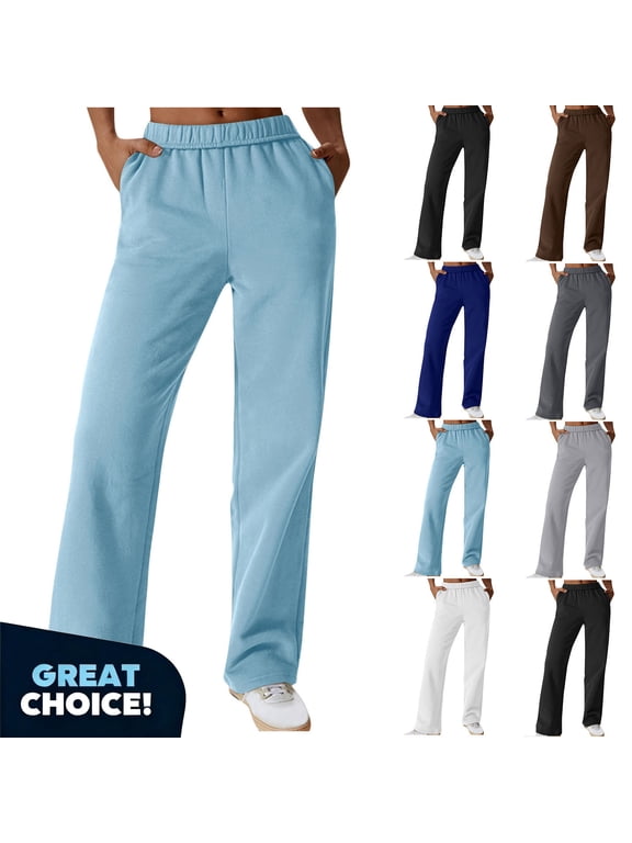 Women’s Soft Fleece Straight-Leg Sweatpants with Pockets, Womens High Waisted Casual Pants,,Women's Plus Black,Size L