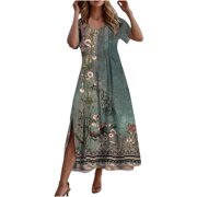 YODETEY Women's Summer Short Sleeve Dress Plus Size Round Neck Dress Casual Loose Ankle Dress