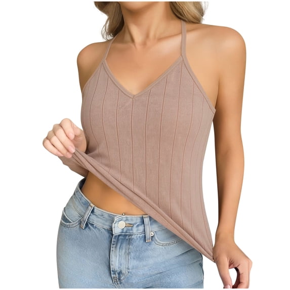 YODETEY Women’s Tank Tops,Womens Sleeveless Ribbed Knit V-Neck Halter Camisole Tank Top,Khaki,Size M