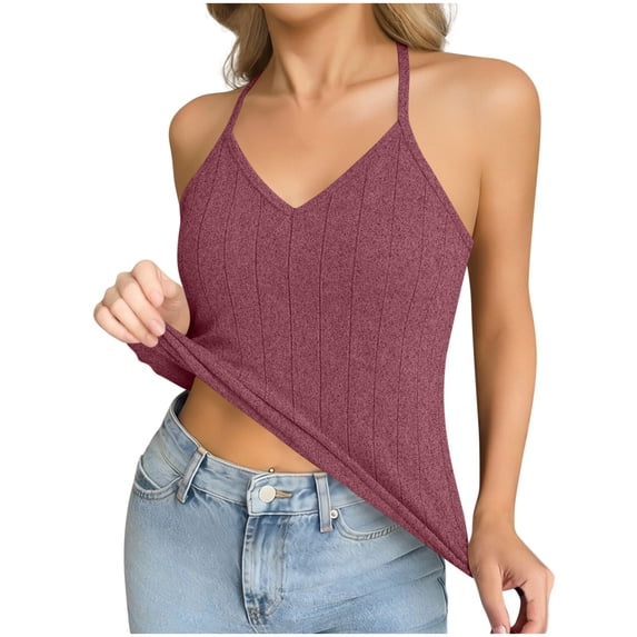 YODETEY Women’s Tank Tops,Womens Sleeveless Ribbed Knit V-Neck Halter Camisole Tank Top,Red,Size M