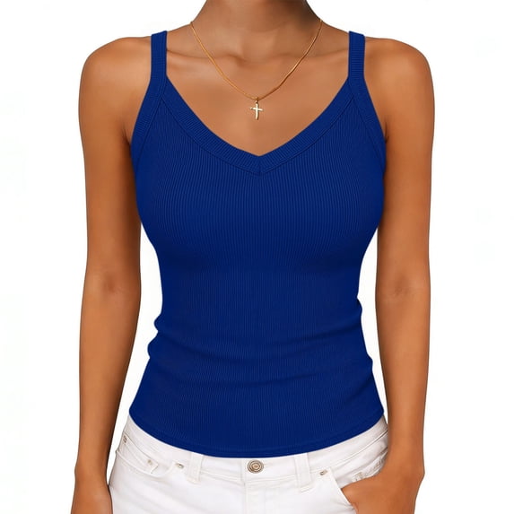 YODETEY Women’s V Neck Tank Tops,Womens Everyday Sleeveless Ribbed Fitted V-Neck Tank Top ,Blue,Size XL