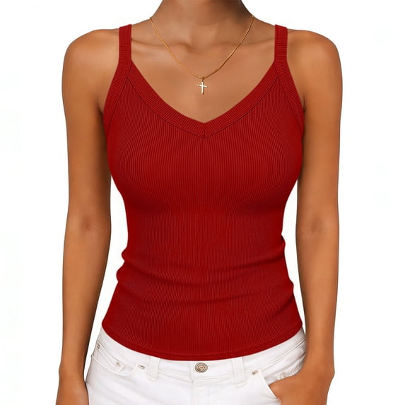 YODETEY Women’s V Neck Tank Tops,Womens Everyday Sleeveless Ribbed Fitted V-Neck Tank Top ,Red,Size M