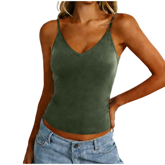 YODETEY Women’s Women’s Ribbed Fitted V-Neck Spaghetti Strap Tank Top , Green,Size S-XL