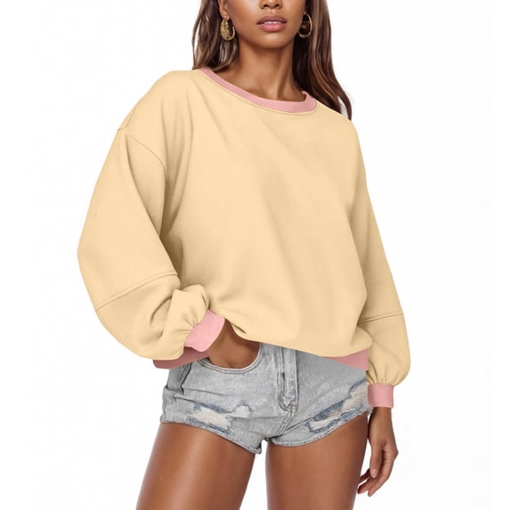 YODETEY Womens Crewneck Sweatshirt, Womens Long Sleeve Pullover Oversized Sweatshirts, Y2k Cropped Pullover Sweaters Tops,Beige,XL