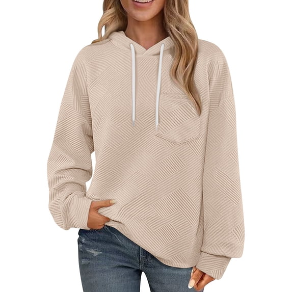 YODETEY Womens Hoodies Sweatshirts, Drawstring Casual Long Sleeve Textured Knit Loose Hooded Sweatshirt with Pocket, Hoodies for Women,Khaki,M