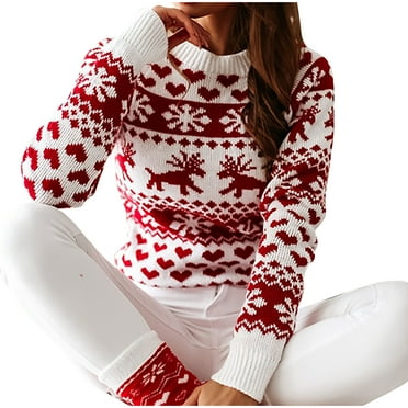 YODETEY Womens Knit Christmas Sweater Reindeer Graphic Long Sleeve Crew Neck Pullover Winter Warm Tops Sweaters Ugly Christmas Sweater Loose Pullover Knitwear Fall Gifts-White L
