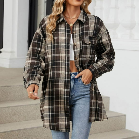 YODETEY Womens Plus Size Plaid Flannel Shirt, Long Sleeve Button Down Blouses Tops,Basis Womens Long Shacket Jackets Coats with Pockets, Coffee Women's Plus XXXL