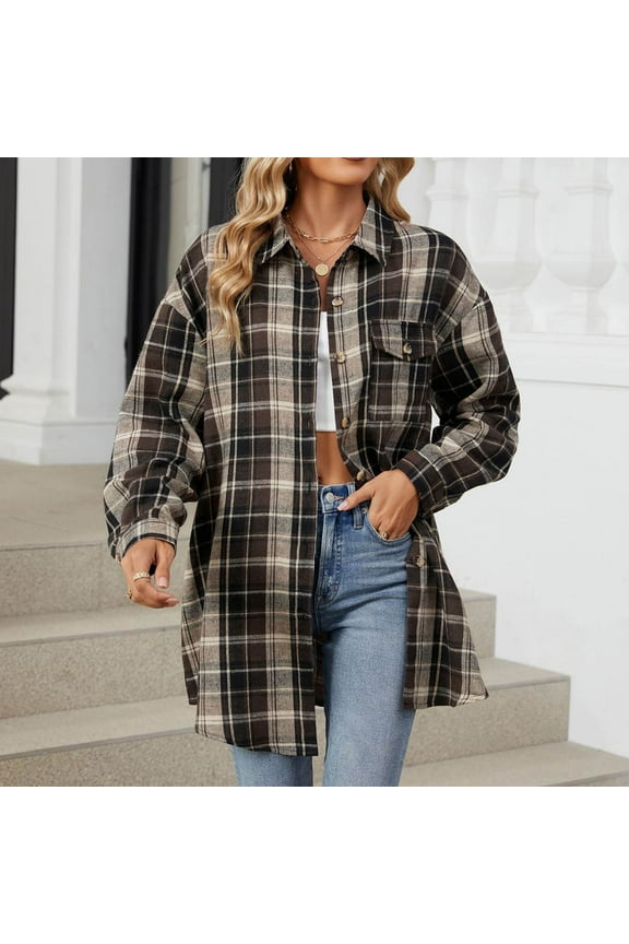 Womens Plus Size Plaid Flannel Shirt, Long Sleeve Button Down Blouses Tops,Basis Womens Long Shacket Jackets Coats with Pockets, Coffee Women's Plus XXXL