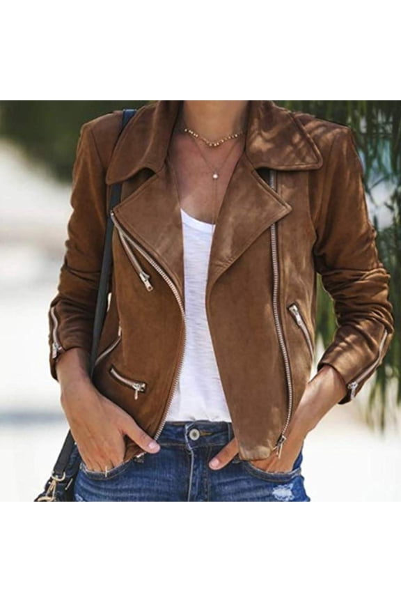Womens Winter Ladies Vintage Zipper Bomber Jacket Casual Coat Outwear Brown 10(XL)