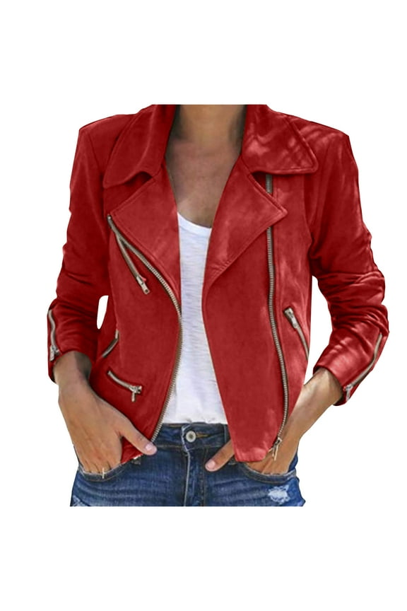 Womens Winter Ladies Vintage Zipper Bomber Jacket Casual Coat Outwear Red 4(S)