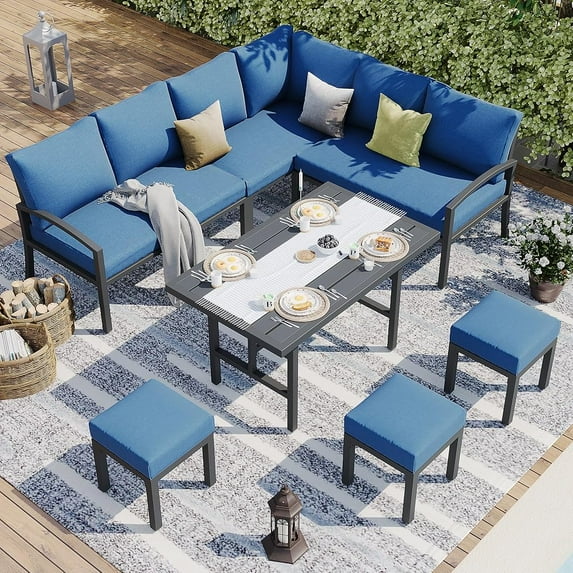YODOLLA 7 Pieces Metal Patio Furniture Sets Outdoor Conversation Set with Dining Table and Chair, Dark Blue