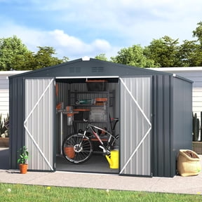 YODOLLA 10 x 10 ft. Outdoor Metal Storage Shed with Sliding Roof & Lockable Door,Dark Grey