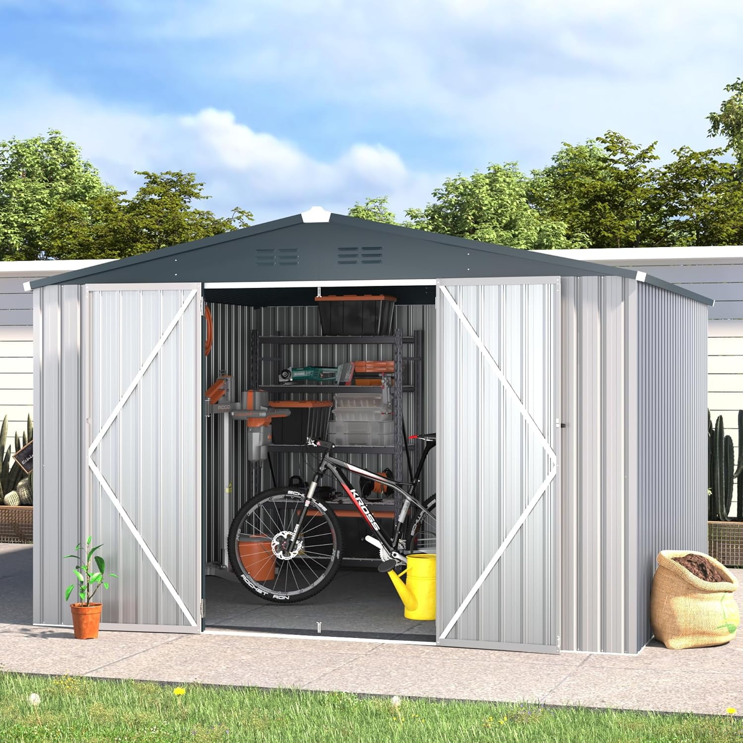 YODOLLA Outdoor Metal Storage Shed, 10'x10', Sliding Roof