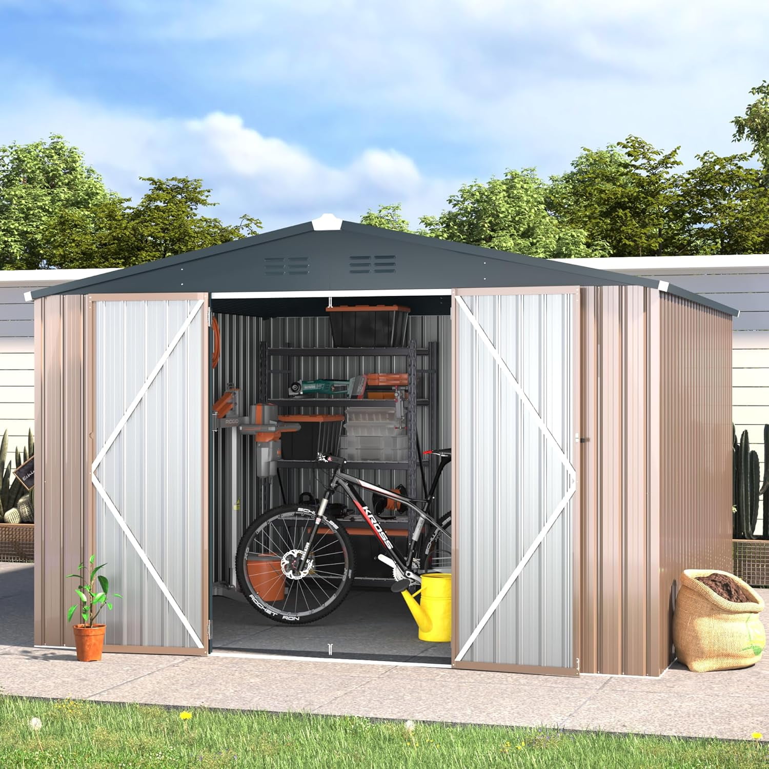 YODOLLA 10 x 10 ft. Outdoor Metal Storage Shed with Sliding Roof & Lockable Door in Brown for Patio, Garden& Backyard
