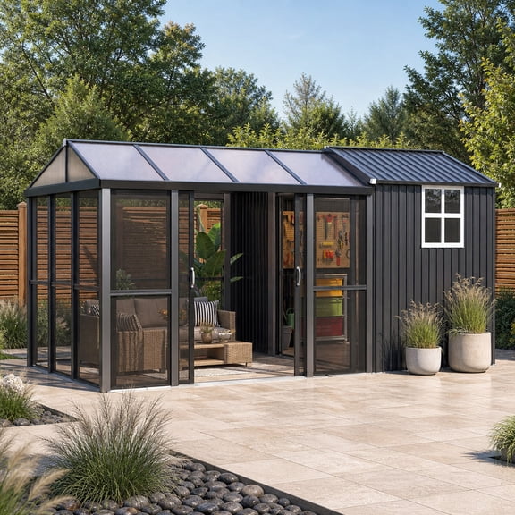 YODOLLA 10x10ft Sunroom with 6x10ft Storage Shed, Polycarbonate Roof Patio Greenhouse with Sliding Screen Door