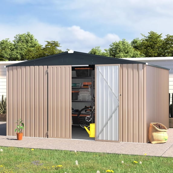 YODOLLA 10' x 12' Outdoor Metal Storage Shed with Sliding Roof & Lockable Door Patio Storage Building in Brown