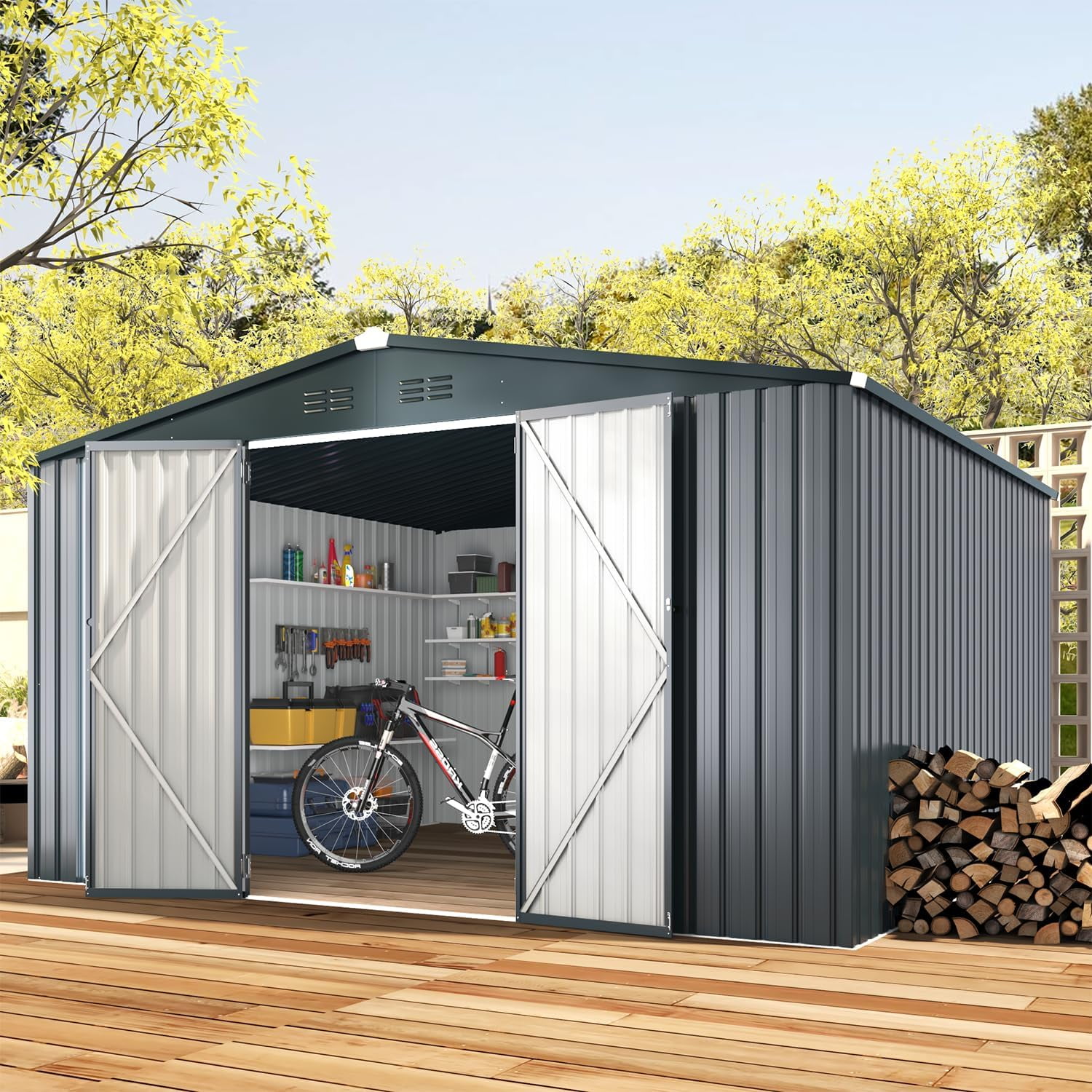 Dark Gray 12' x 10' Metal Outdoor Storage Shed with Lockable Doors