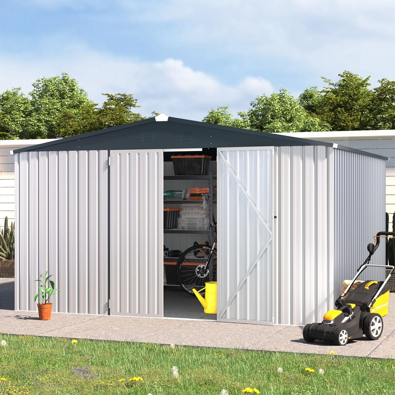 YODOLLA 10 x 12 ft. Outdoor Metal Storage Shed with Sliding Roof