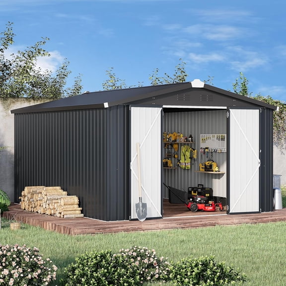 YODOLLA 10'x 14' Dark Gary Metal Storage Shed, Lockable Outdoor Utility Shed for Garden Backyard Tool Storage