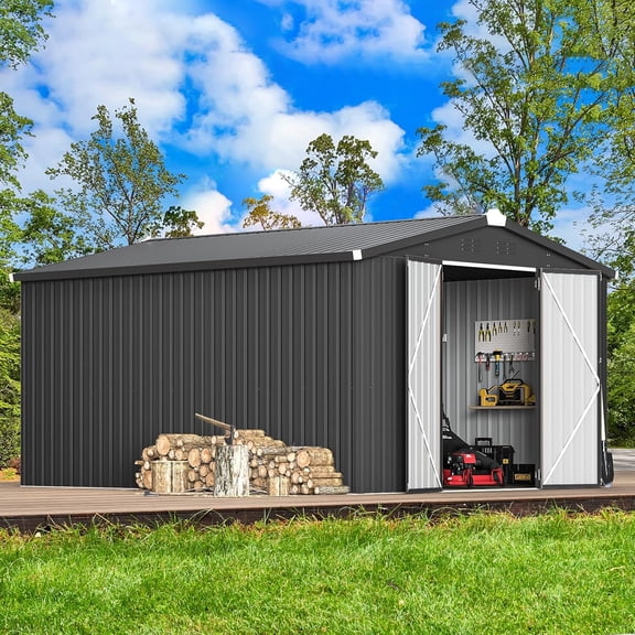 YODOLLA 10' x 14' Outdoor Storage Shed with Lockable Door Patio Metal Garden Storage Building in Dark Gray for Outside