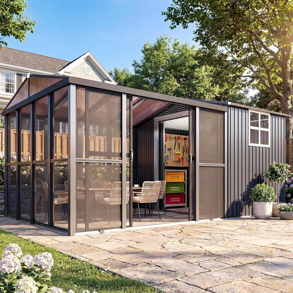 YODOLLA 10' x 16' Sunroom and Storage Shed Combo, 10' x 10' Screened Patio Enclosure with 6' x 10' Metal Shed, Sliding Doors and Window, Dark Gray